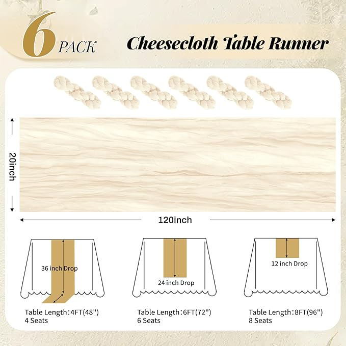 Aktor 6 Pack Ivory Cheesecloth Table Runner 10Ft Gauze Table Runner Boho Semi Sheer Cheese Cloth Fabric Runners for Wedding Birthday Baby Shower Party Table Decoration（Ivory）