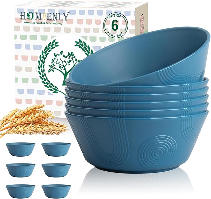 Homienly Wheat Straw Bowls, Unbreakable Soup Bowls Set of 6, Alternatives Plastic Bowls Microwave Safe, Dishwasher Safe Stackable 36oz Large Cereal Bowl for Kitchen, Camping, Serving (Navy Blue)
