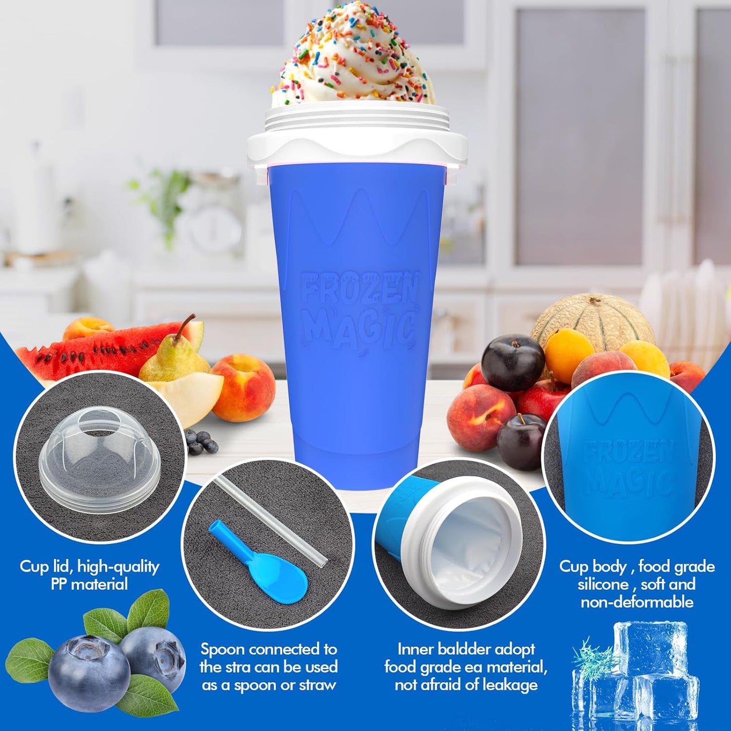 2PCS Slushie Maker Cup, Quick Frozen Magic Cups for Homemade Milk Shake Ice Cream Maker, Double Layer Squeeze Slushy Maker Cup, Birthday Gifts for Kids,Friends,Family (Blue+Green, 350ML)