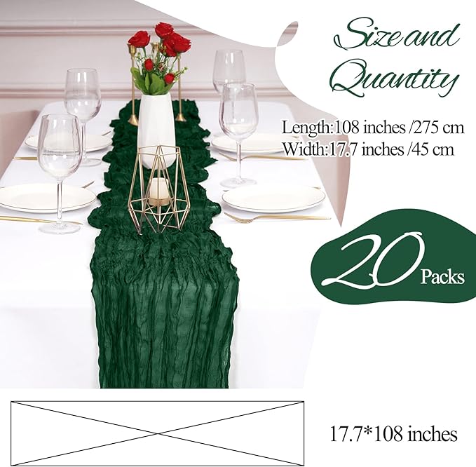 20 Pack Cheesecloth Table Runner Forest Green, Rustic Boho Gauze Fabric Table Runner Romantic Table Runner For Wedding, Festival, Birthday, Anniversary, Dinner and Outdoor Events (17.7 x 108 inch)