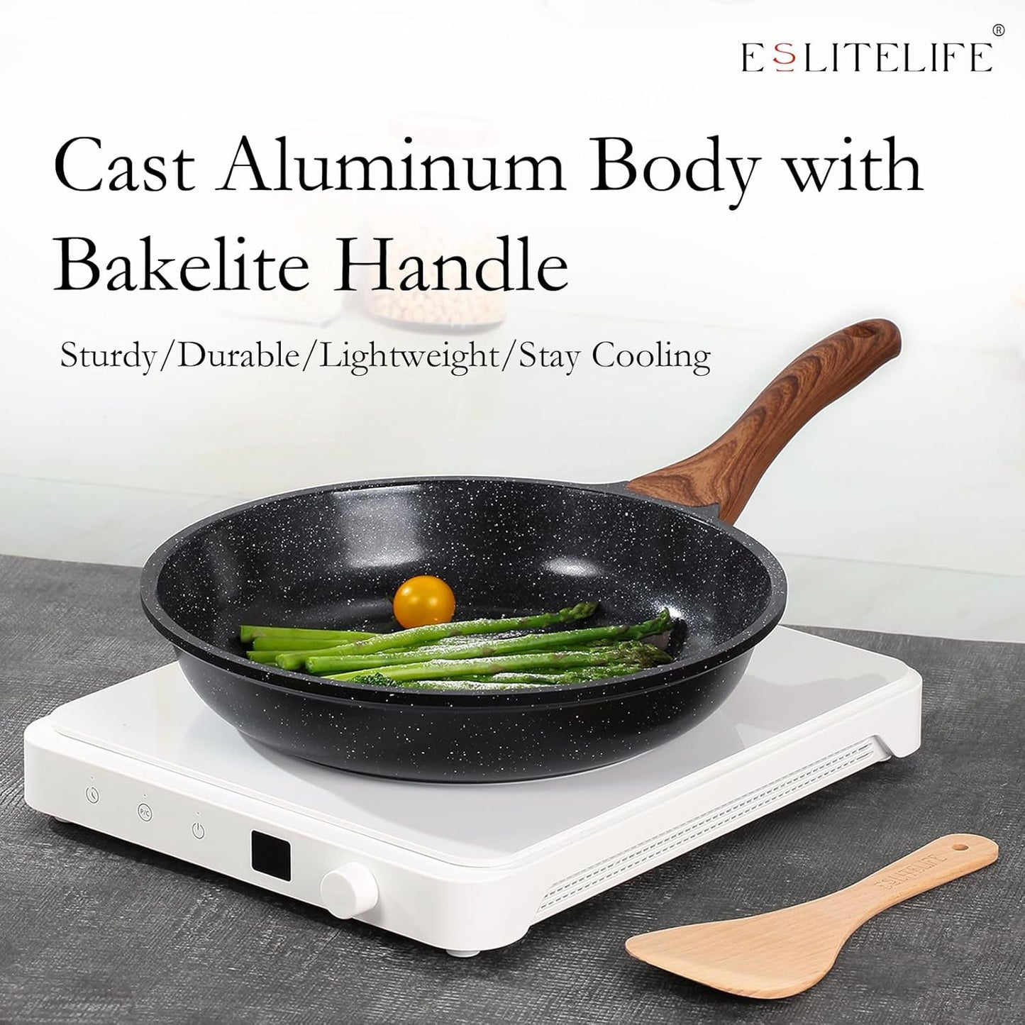 ESLITE LIFE Nonstick Ceramic Frying Pans Skillets Set with Lids, Non-Toxic Egg Omelette Kitchen Cooking Pans Compatible with All Stovetops (Gas, Electric & Induction), PTFE & PFOA Free (Black)
