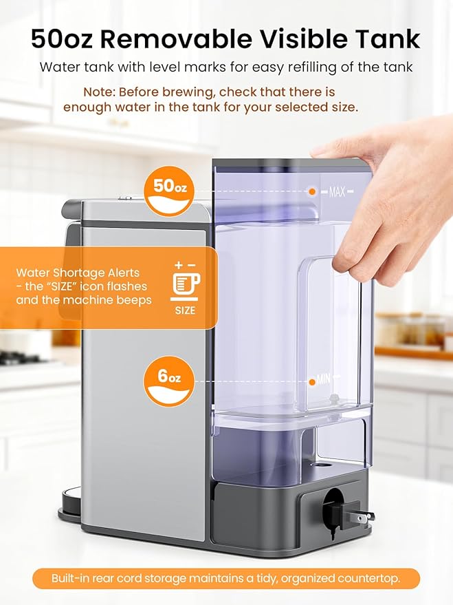 Single Serve Coffee Maker for K-Cup and Grounds, 6-14 oz Brew Sizes Hot & Iced Coffee Maker, Strong Brew Setting, 50 oz Removable Tank, Descaling Reminder, Stainless Steel,Black