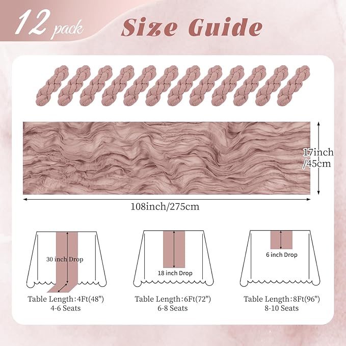 12 Pack Dusty Pink Cheesecloth Table Runner 17x108 Inch Semi Sheer Boho Gauze Cheese Cloth Fabric Table Runners, for Wedding Party Baby Shower Birthday Home Decor Garden Farmhouse
