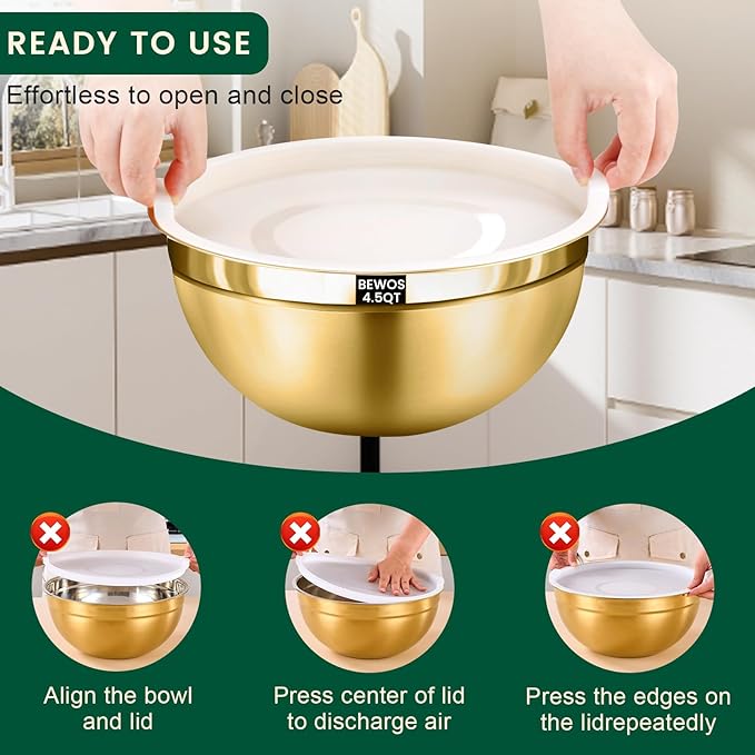 BEWOS 5PCS Mixing Bowls with Lids Set - 5 Stainless Steel Mixing Bowls, Dishwasher Safe, Ideal for Baking & Meal Prep, Stackable Design for Easy Storage