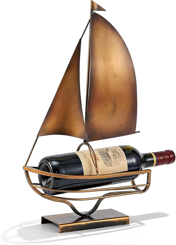 Metal Sailboat Wine Rack for Countertop – Decorative Wine Bottle Holder for Kitchen Bar Dining Table, Boat Sculpture Wine Stand Nautical Home Decor (Brass)