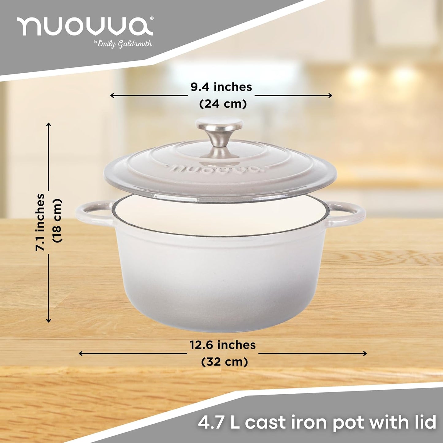 Cast Iron Pot with Lid – Non-Stick Ovenproof Enamelled Casserole Pot, Oven Safe up to 500° F – Sturdy Dutch Oven Cookware – Grey, 5-Quart, 24cm – by Nuovva