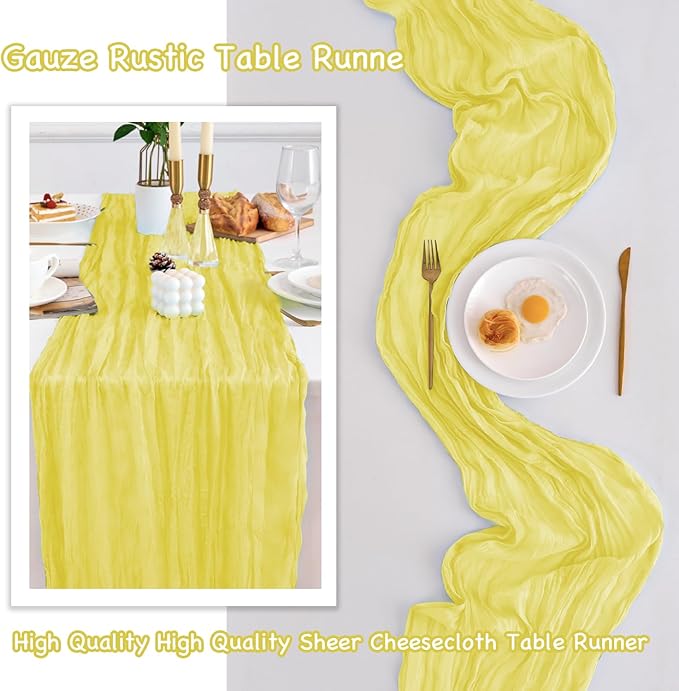 10 Pack Light Yellow Table Runner 120 Inch Cheesecloth Table Runner 10FT Rustic Boho Gauze Table Runners Long Cheese Cloth Runner Semi Sheer Runners for Wedding Bridal Baby Shower Party