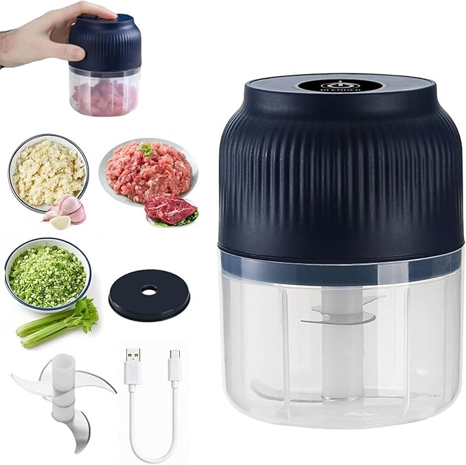 Electric Garlic Chopper, Mini Portable Veggie Cutter, 300ml Cordless Garlic Grinder Onion Masher, Portable Vegetable Cutter for Garlic, Onions, Herbs, Spices & Baby Food (Blue, 4 Blade)