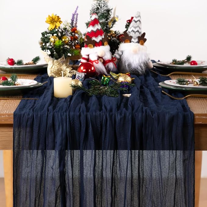 Navy Blue Cheesecloth Table Runner Christmas Table Runner Boho Gauze 120 Inches Navy Cheese Cloth Table Decor for Xmas Holiday Season Parties Wedding Bridal Baby Shower Party Christmas Dinner