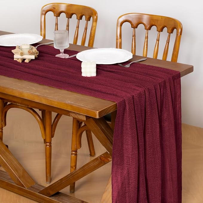 Socomi 3pcs Burgundy Gauze Cheesecloth Table Runner 120 Inch Rustic Boho Cheese Cloth Runner for Wedding Party Baby Bridal Shower Centerpiece Decoration Holiday Home Decorations