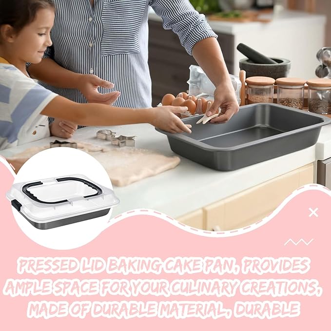 1 Pcs Cake Baking Pan with Lid and Handle, 9 x 13 Inch Non-stick Rectangle Sheet Cake Pan Carrier for Brownie Roasting Cooking Baking (Black Gray)