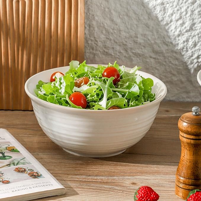 Serving Bowls Set of 2, 9 Inch Large Ceramic Mixing Bowls for Kitchen, Perfect for Salad Pasta Soup Pho Popcorn Baking Cooking, Ideal for Daily Meals Party Dinner Entertaining, White