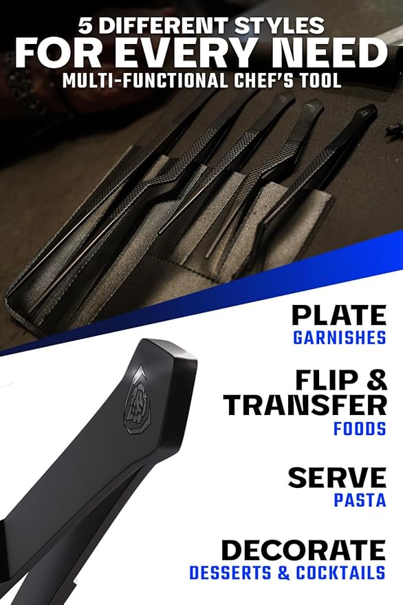 DALSTRONG Professional Food Tweezers-5 Piece Set- High-Precision Tweezer Tongs - Black Titanium Coating - Plating, Culinary Fine Use -304 Stainless Steel- Metal Kitchen Tongs