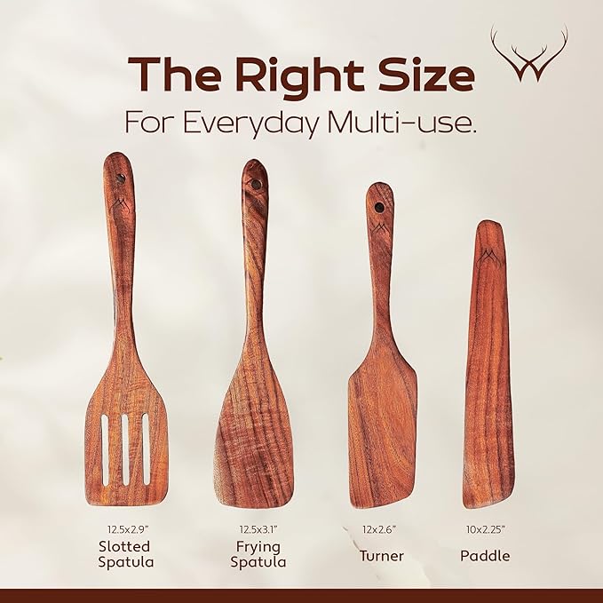 Spurtles Kitchen tools wooden, Spurtle Spatulas, Wooden Kitchen Utensil Set of 4, Paddle, Slotted Spatula, Frying Spatula, Wood Turner for Nonstick pans - Teak cooking utensil for Apartment Essentials