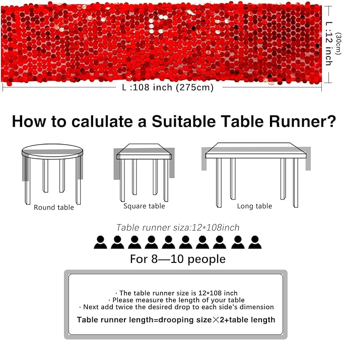 12 x 108 Inch Red Sequin Table Runner Glitter Rectangle Big Sequin Table Runner for Wedding Party Birthday Christmas Halloween Decoration (1 Pack)