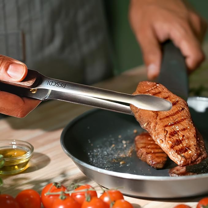 Exquisite Lightweight Cooking Tongs - 304 Stainless Steel & Walnut Wood, Comfortable Grip, Non-Slip Design, High Heat Resistant - Ideal for Light and small food, Kitchen Plating, Korean BBQ, 9-Inch