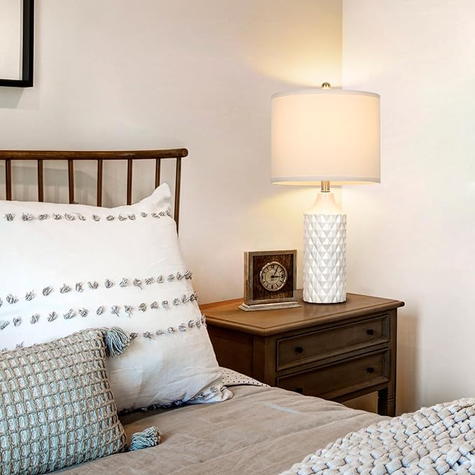 Ceramic Table Lamps Set of 2, White Modern Bedside 25" Nightstand Lamp 3-Way Dimmable Lamp for Bedroom Living Room Farmhouse, Side Table Lamp, Bulbs Included