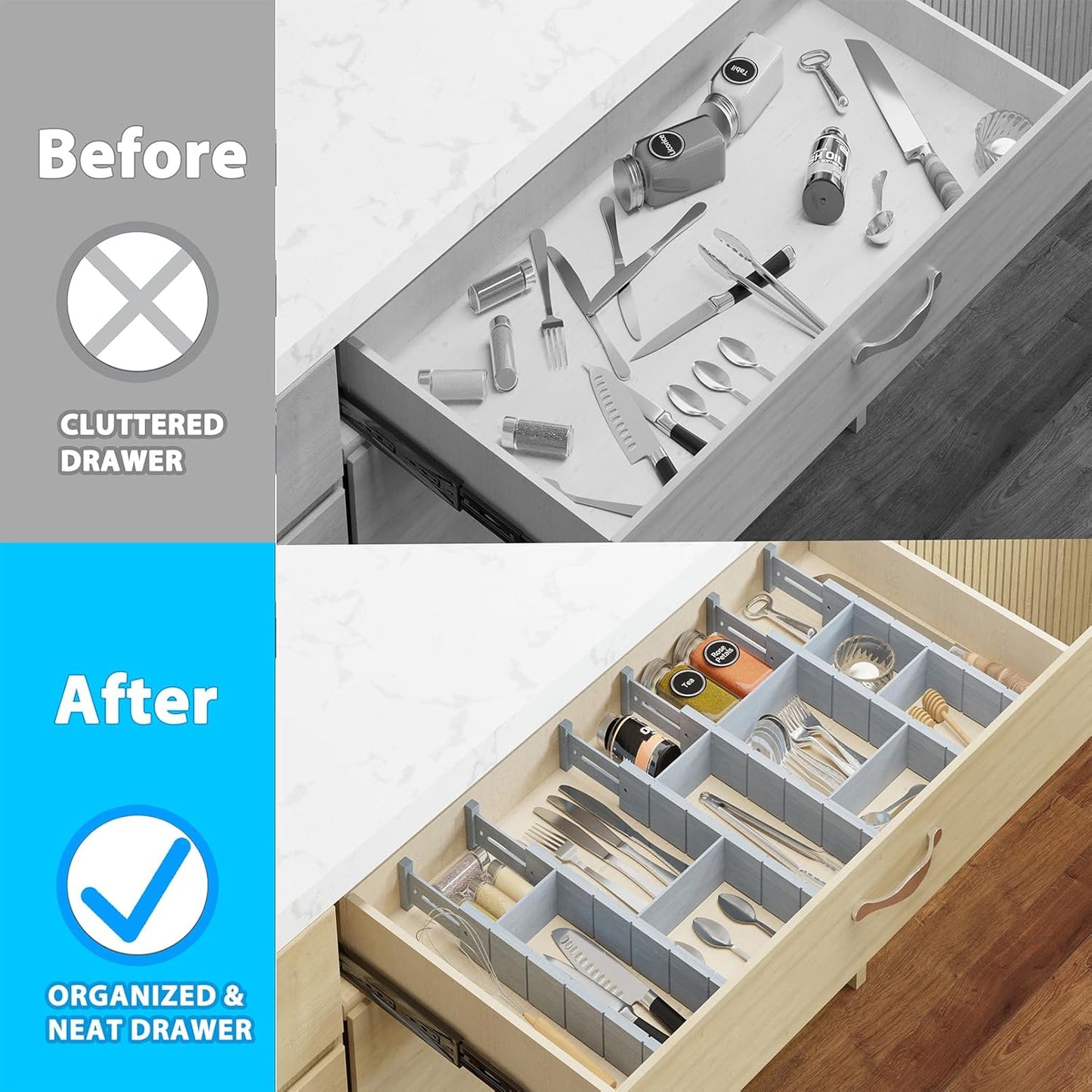 6 Pack Bamboo Drawer Dividers with 12 Inserts, Expandable Adjustable Clothes Drawer Organizers and Storage from 17" to 22" for Kitchen, Bedroom, Dresser, Cosmetics (Gray)