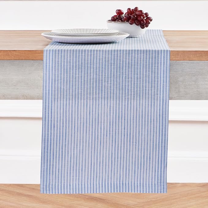 Solino Home Linen Striped Table Runner 36 Inches - Narrow Stripe, 100% Pure Linen Cornflower Blue and White Small Table Runner 14 x 36 Inch Ideal for Dresser and Coffee Tables