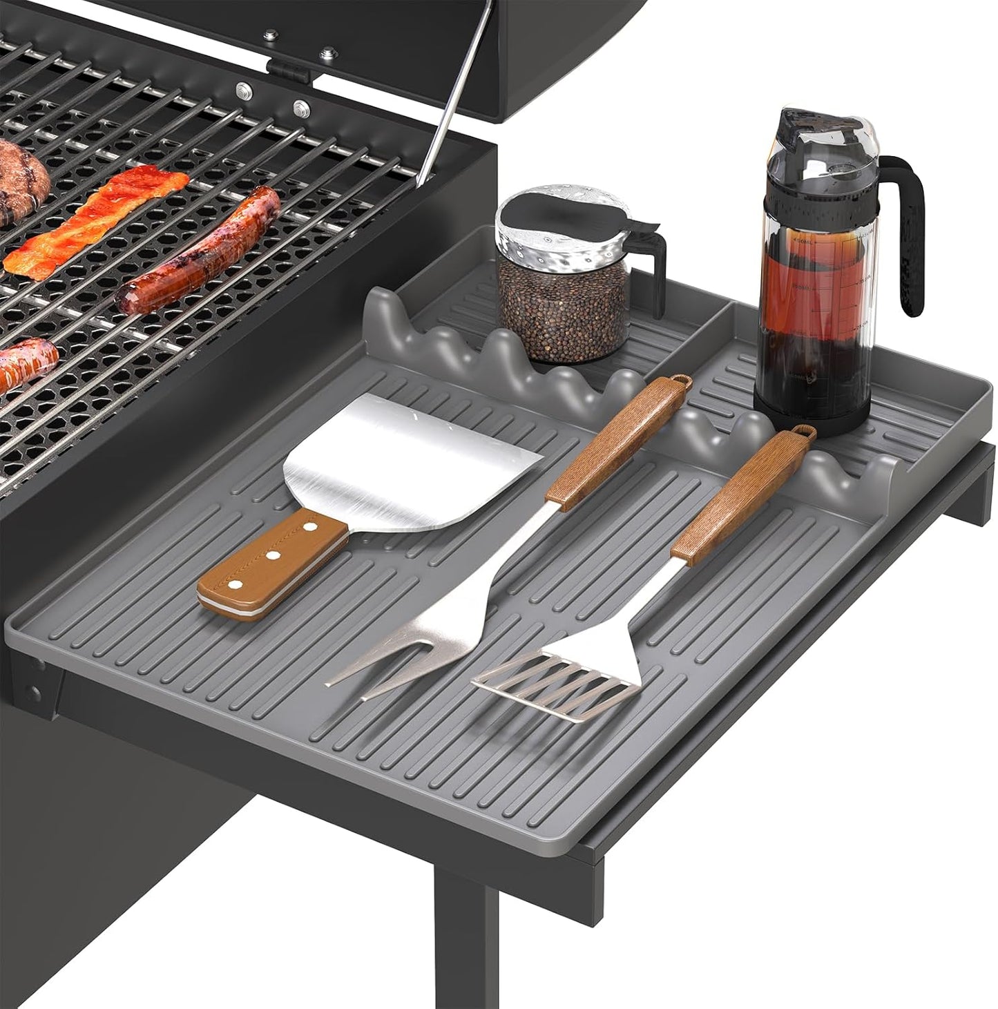 Griddle Mat Compatible with Blackstone, Silicone Grill Tools with Drip Pad, Spatula Mat for Outdoor Grill, Side Shelf Pad (Grey)