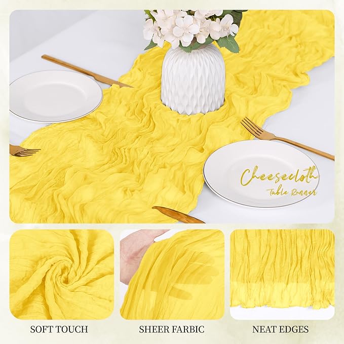 12 Pack Lemon Yellow Cheesecloth Table Runner 17x108 Inch Semi Sheer Boho Gauze Cheese Cloth Fabric Table Runners, for Wedding Party Baby Shower Birthday Home Decor Garden Farmhouse