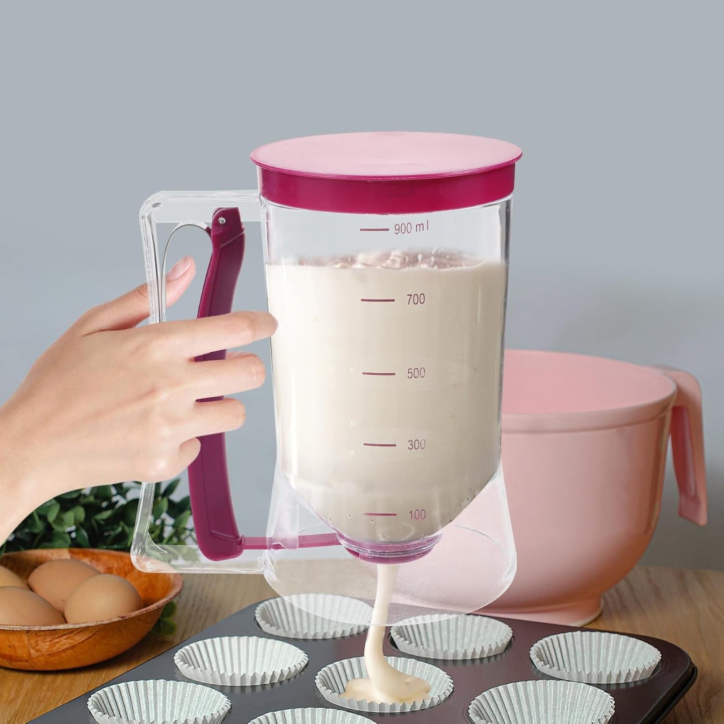 UPKOCH Batter Dispenser with Measuring Markings - ABS+Silicone Baking Tool for Pancakes, Waffles & Muffins | Leak-Proof Design (Rosy, 7.3in/18.5cm)