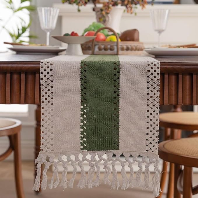 Niviy Dark Green Table Runner 90 Inches Long with Tassels, Seasonal Spring Summer Washable Embroidered Striped Braided Green and Beige Boho Table Runners for Holiday Party 12 x 90 Inches