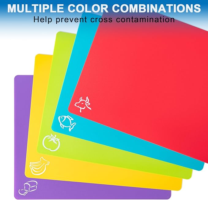 Flexible Cutting Boards with Hanging Hole, Food Icons - BPA Free, Non Slip for Meat & Veggies