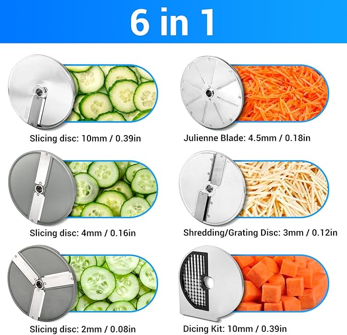 Commercial Vegetable Chopper with 6 blades, Electric Food Processor for Slicing Dicing Shredding, Professional Cheese Grater, 550W Veggie Cutter for Restaurant, Hotel School, Cafeteria, Buffet