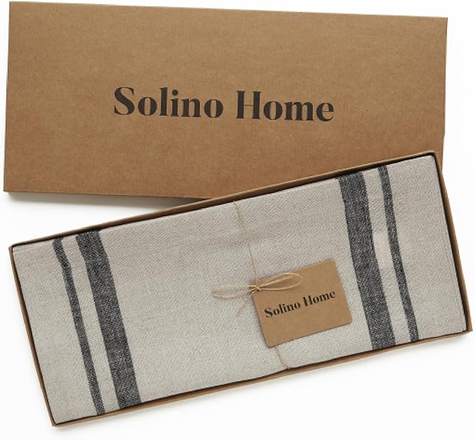Solino Home Linen Table Runner 72 Inches Long - 100% Pure Linen Black and Natural French Stripe Table Runner 14 x 72 Inch for Dining, Dresser, Holiday
