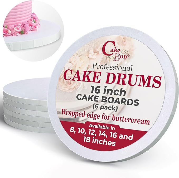 Cakebon Round Cake Boards - Sturdy 1/2 Thick Drums - 16 Inch Professional Fully Wrapped Edges White 3-Pack