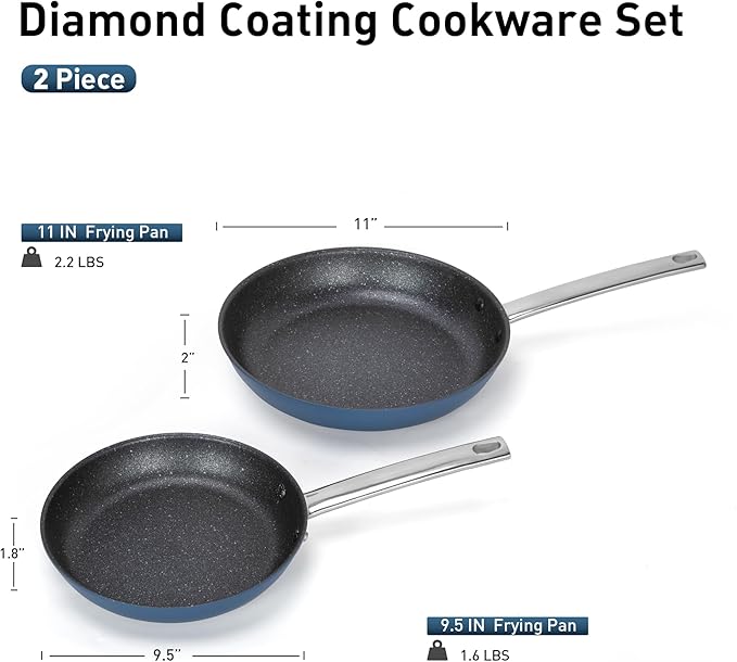 MAISON ARTS Nonstick Frying Pans Set 2 Piece, 9.5" and 11" Skillet Pans with Stainless Steel Handle, Non Toxic Deep Fry Pan, Induction Cookware Set Suitable for All Stove