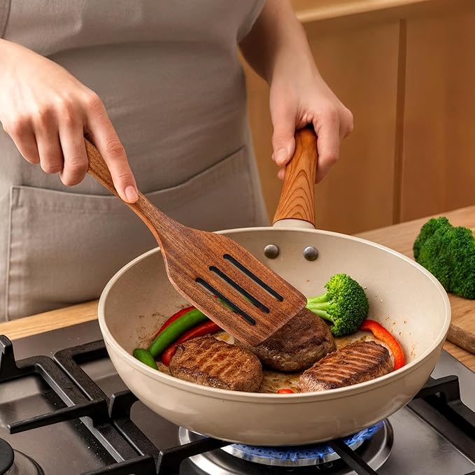 Wooden Spoons for Cooking, 12 Pcs Nonstick Wooden Cooking Utensils Set with Comfort Grip – 100% Natural Teak Wood - Sturdy, Lightweight & Heat Resistant Kitchen Utensils