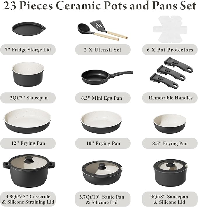23-Piece Removable Handle Pots and Pans Set Non Stick, Ceramic Cookware Set with Mini Egg Pan, Large Capacity, Non-Toxic, Induction & Oven Safe, Dishwasher Safe, RV Compatible, Black & White