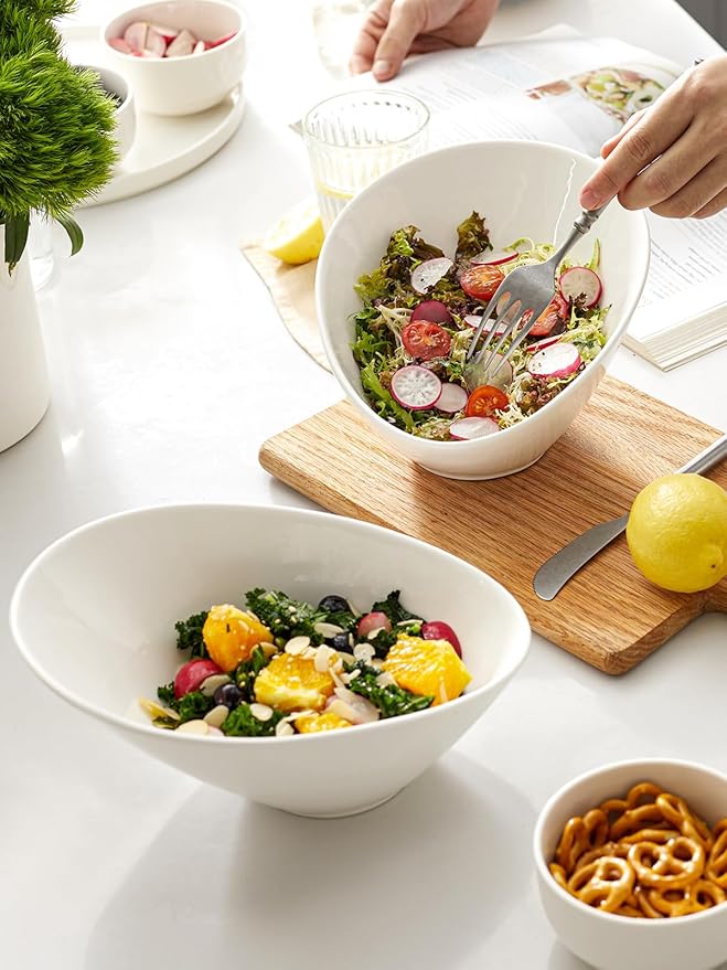 DOWAN 23 OZ Slanted Salad Bowls of 2 Packs - 9.5" Angled Serving Bowls for Salad, Fruit, Snacks - Ceramic White Bowls for Restaurant, Daily Use - Dishwasher & Microwave Safe