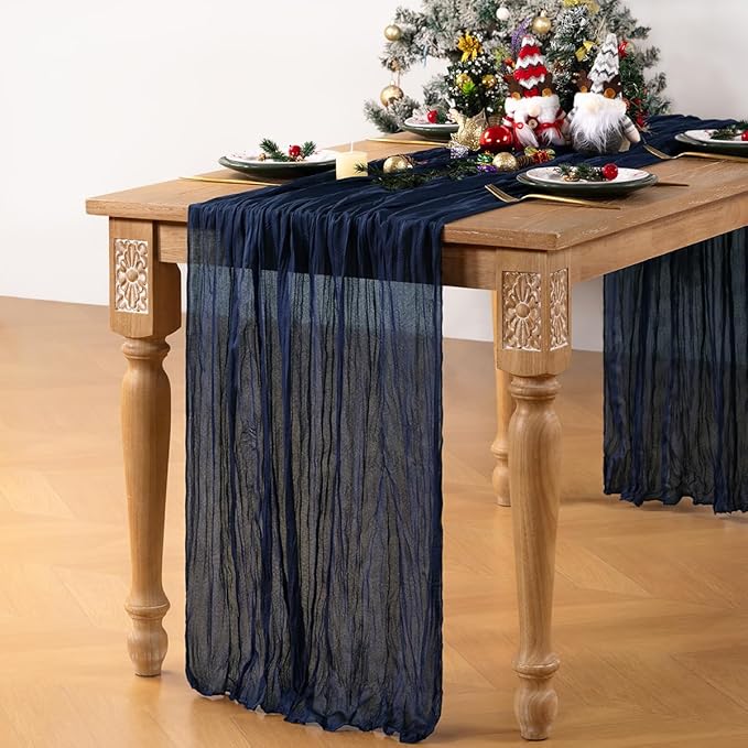 Navy Blue Cheesecloth Table Runner Christmas Table Runner Boho Gauze 120 Inches Navy Cheese Cloth Table Decor for Xmas Holiday Season Parties Wedding Bridal Baby Shower Party Christmas Dinner