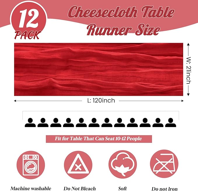 12 Pack Red Table Runner 10FT Cheesecloth Table Runner 21 x 120 inch Boho Gauze Cheese Cloth Table Runner Rustic Sheer Table Runner for Party Wedding Bridal Baby Shower Christmas Table Decor