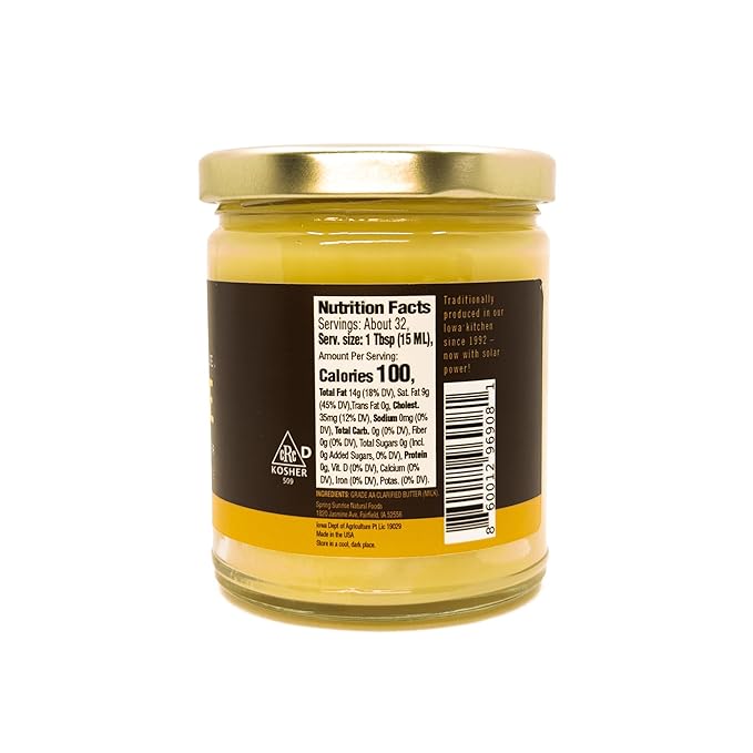 Spring Sunrise Classic Ghee 9 oz - Clarified Butter, Pasture Raised, rBST Free, Certified, Kosher, Grass-Fed Ghee for Cooking & Baking