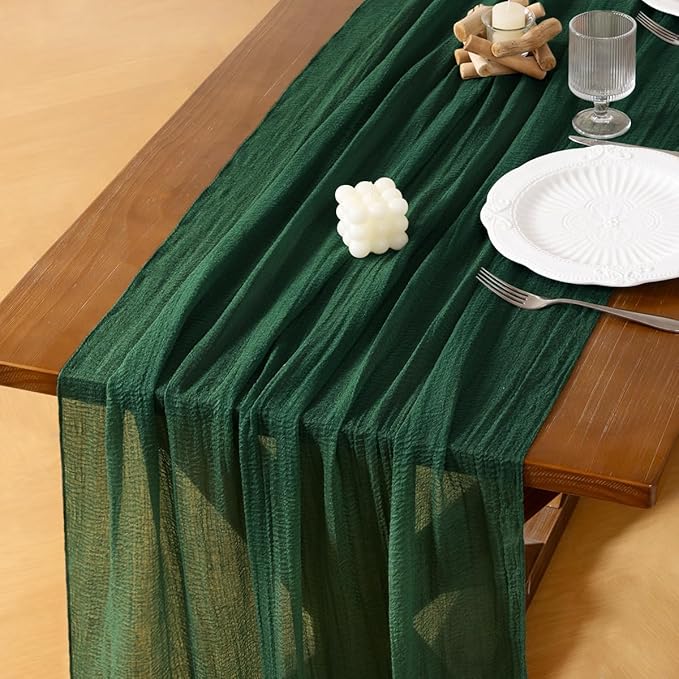 Socomi 6pcs Emerald Green Fall Thanksgiving Cheesecloth Table Runner Gauze 120 Inch Rustic Boho Cheese Cloth Runner for Wedding Party Baby Bridal Shower Centerpiece Decoration Holiday Home Decorations