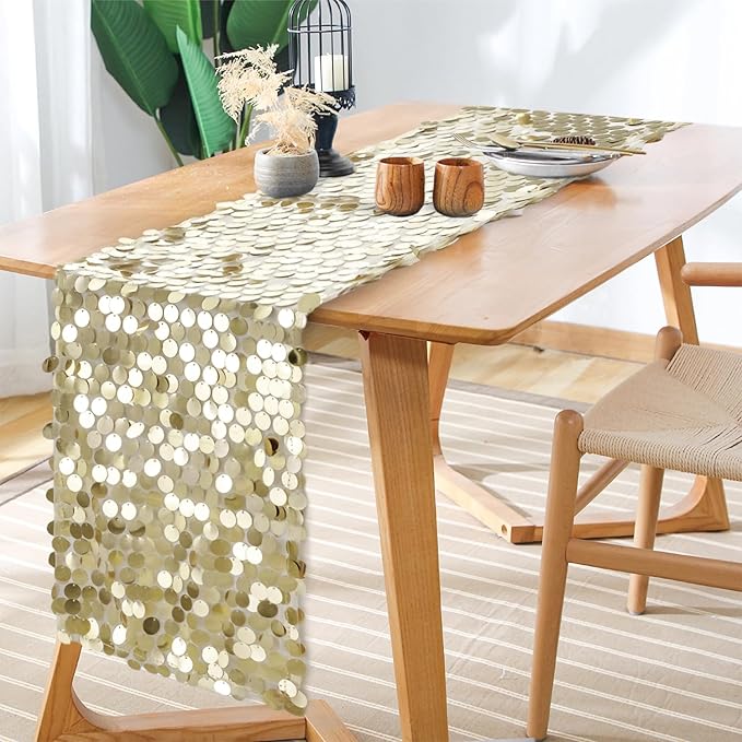 12 x 108 Inch Champagne Sequin Table Runner Glitter Rectangle Big Sequin Table Runner for Wedding Party Birthday Christmas Halloween Decoration (1 Pack)