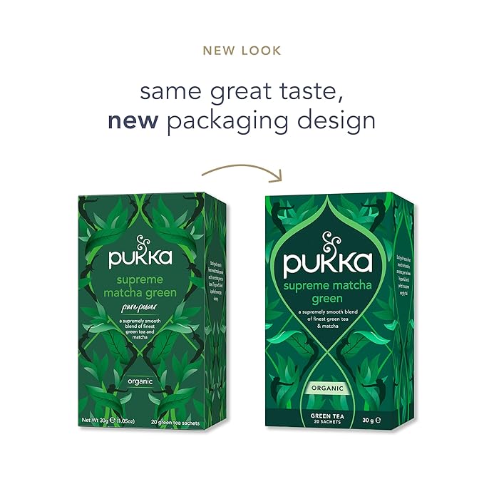 Pukka Supreme Matcha Green Organic Herbal Tea, Energizing Infusion Organic Tea Selection, with Matcha Powder, Ideal for Daily Vitality, Caffeine Free, 20 Total Bags