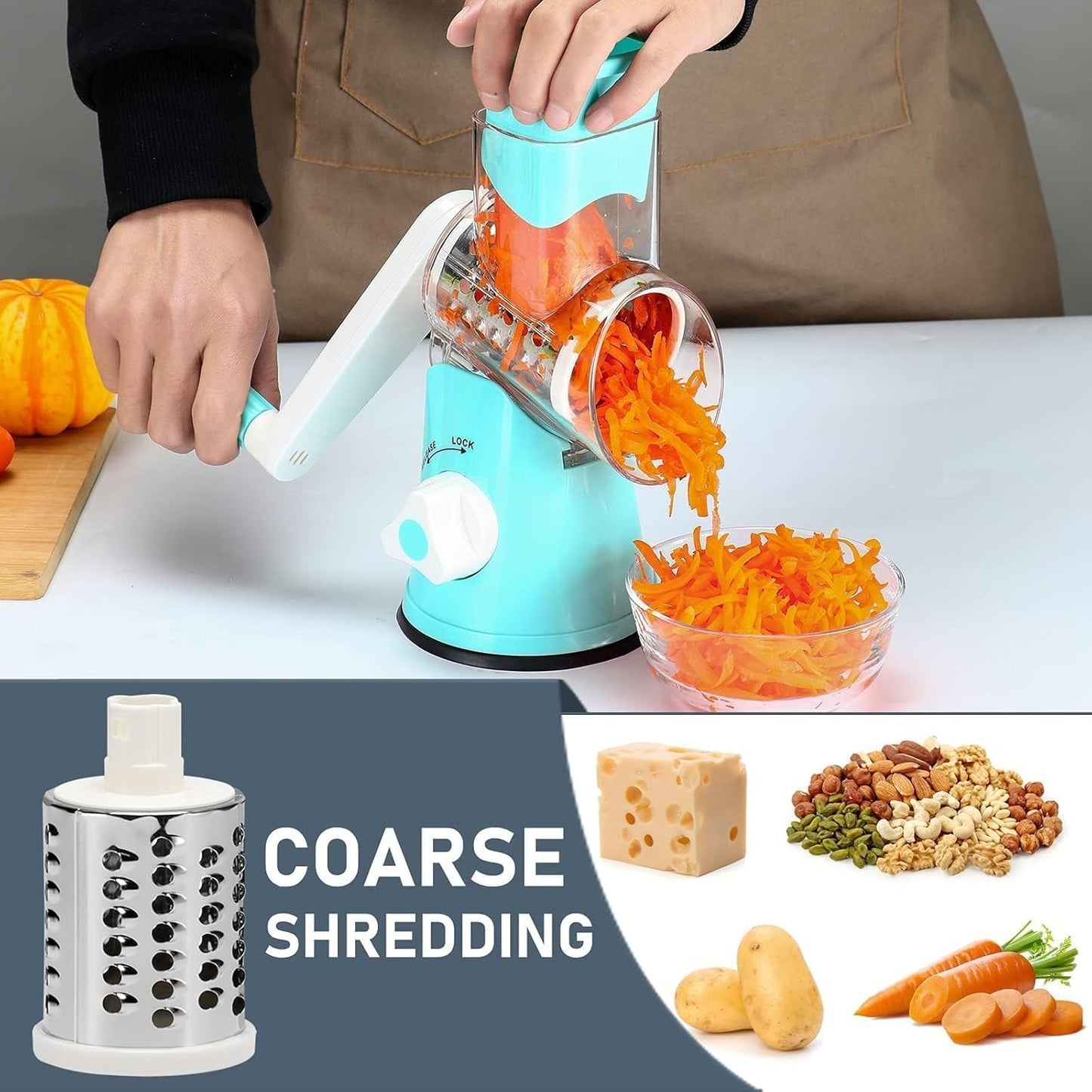 KEOUKE Rotary Cheese Grater with Handle Vegetable Cheese Shredder Slicer Grater for Kitchen 3 Changeable Blades for Cheese Potato Zucchini Nuts Chocolate - Light Blue