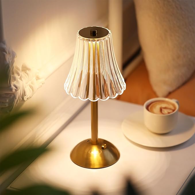 Liliful 1 Pcs Cordless Table Lamp Rechargeable Touch LED Small Gold Portable Battery Operated USB-c Desk Lamp 3 Color Dimmable for Bedroom Living Room Dining (Gold,Rose Style)