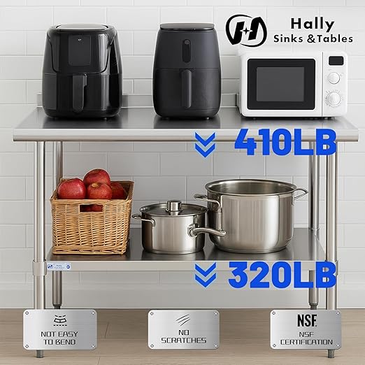 Hally Stainless Steel Table for Prep & Work 18 x 60 Inches, NSF Commercial Heavy Duty Table with Undershelf and Backsplash for Restaurant, Home and Hotel