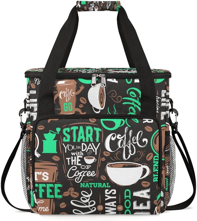 Turquoise Start Your Day With Coffee Coffee Maker Carrying Bag, Coffee Machine Travel Storage Tote Bag Compatible with K-Mini or K-Mini Plus, Portable Single Serve Coffee Brewer Case with Pockets