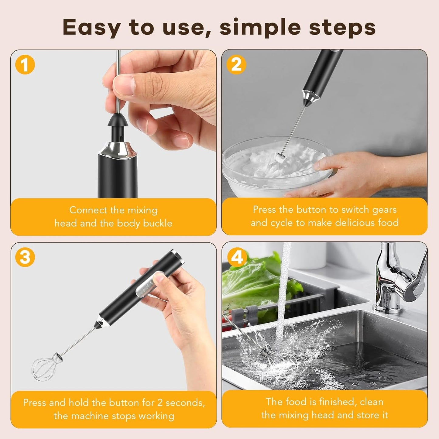 Milk Frother Handheld 2 Speed Adjustable Handheld Electric Foam Maker Milk Frother Handheld Rechargeable Electric Foam Maker with 2 Stainless Whisks For Latte, Cappuccino, Hot Chocolate, Egg