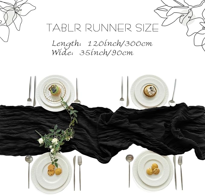 IVAPUPU 2 Pcs Cheesecloth Table Runner - 10ft Black Boho Gauze Black Cheese Cloth Table Runners for Indoor Baby Shower Decoration Wedding Party Summer Garden Fall Thanksgiving Decor
