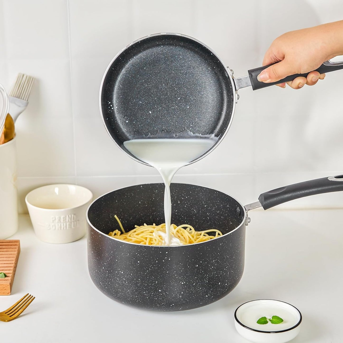 Nonstick Saucepan with Lid, Non Stick 1Qt & 2Qt & 3Qt Sauce Pan Set with Silicone Handle,Small Milk Pot with Glass Lid for Home Kitchen