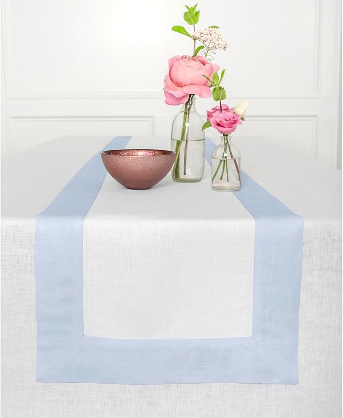 Solino Home Linen Table Runner 90 Inches Long - Light Blue and White 100% Pure Linen 14 x 90 Inch Table Runner for Dining, Winter, Christmas, New Year - Contempo