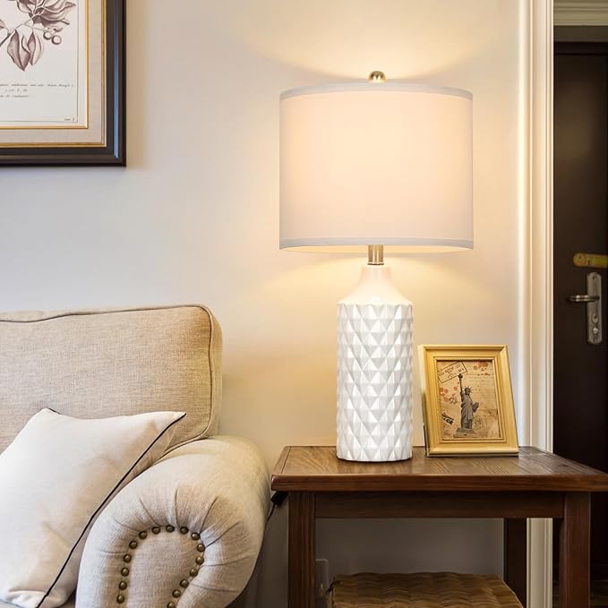 Ceramic Table Lamps Set of 2, White Modern Bedside 25" Nightstand Lamp 3-Way Dimmable Lamp for Bedroom Living Room Farmhouse, Side Table Lamp, Bulbs Included